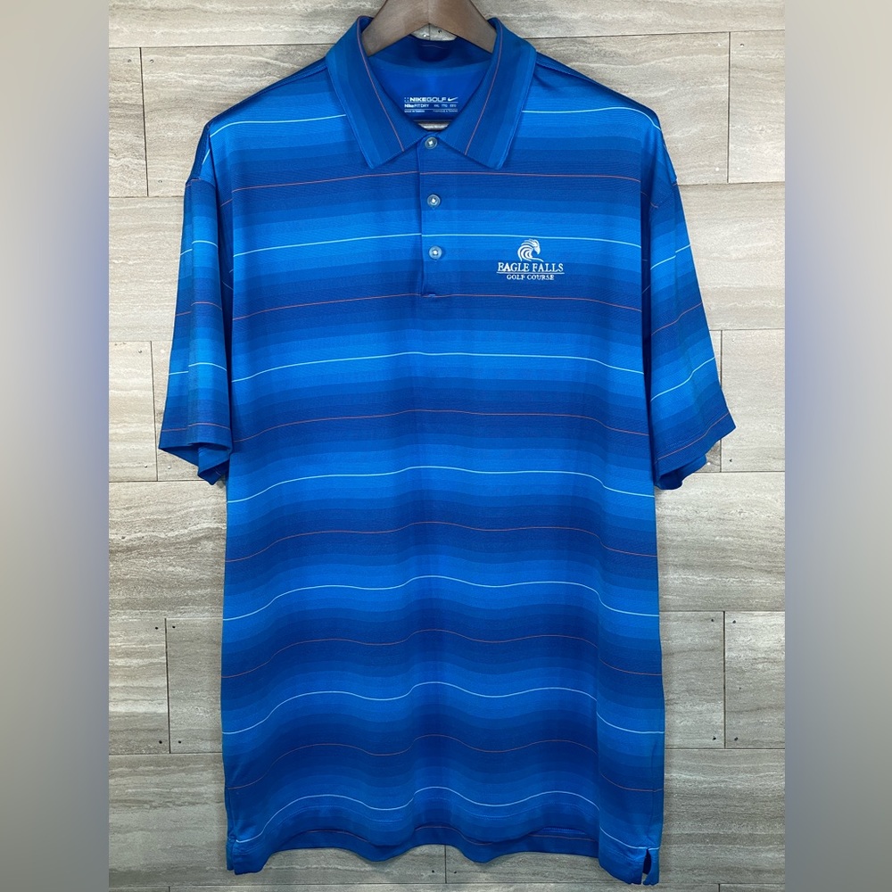 Nike Golf Polo Shirt Eagle Falls Blue Orange Striped FitDry Mens XXL Eagle EUC